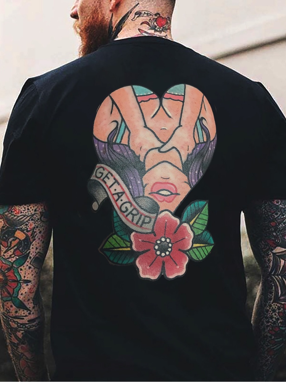 Never worn Black Graphic Tee with Colorful Heart & Flower Illustration